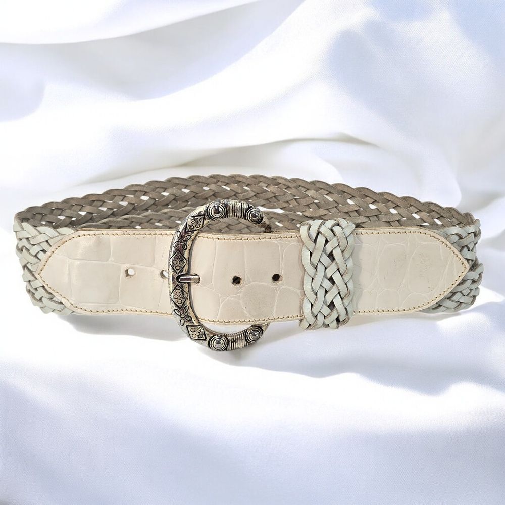 Doppia Vita Italian Cream Woven Leather Belt Silver Buckle Boho Western Braided‎